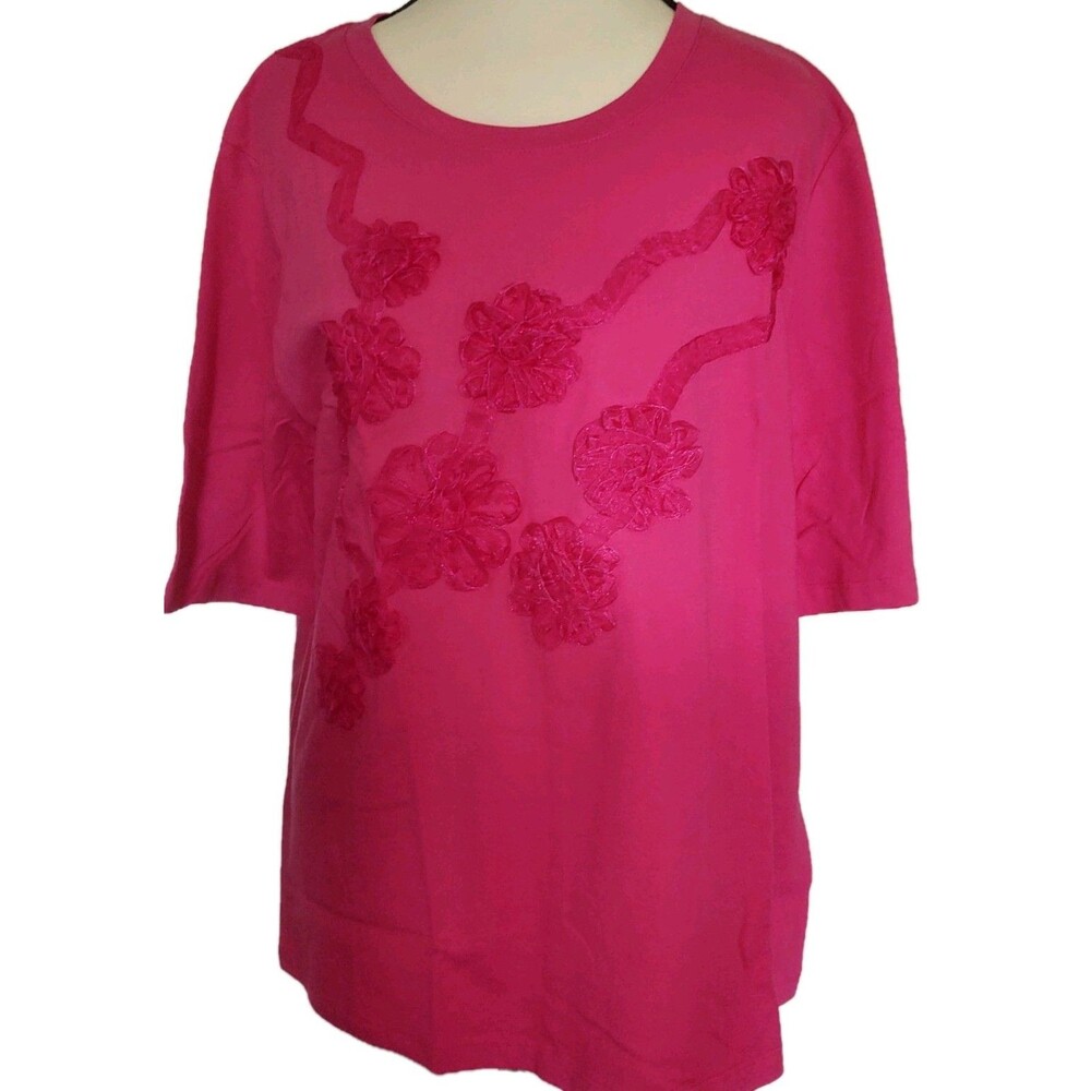 Blair Women's Pink Short Sleeve T-Shirt Size Large Flowers Applique NEW